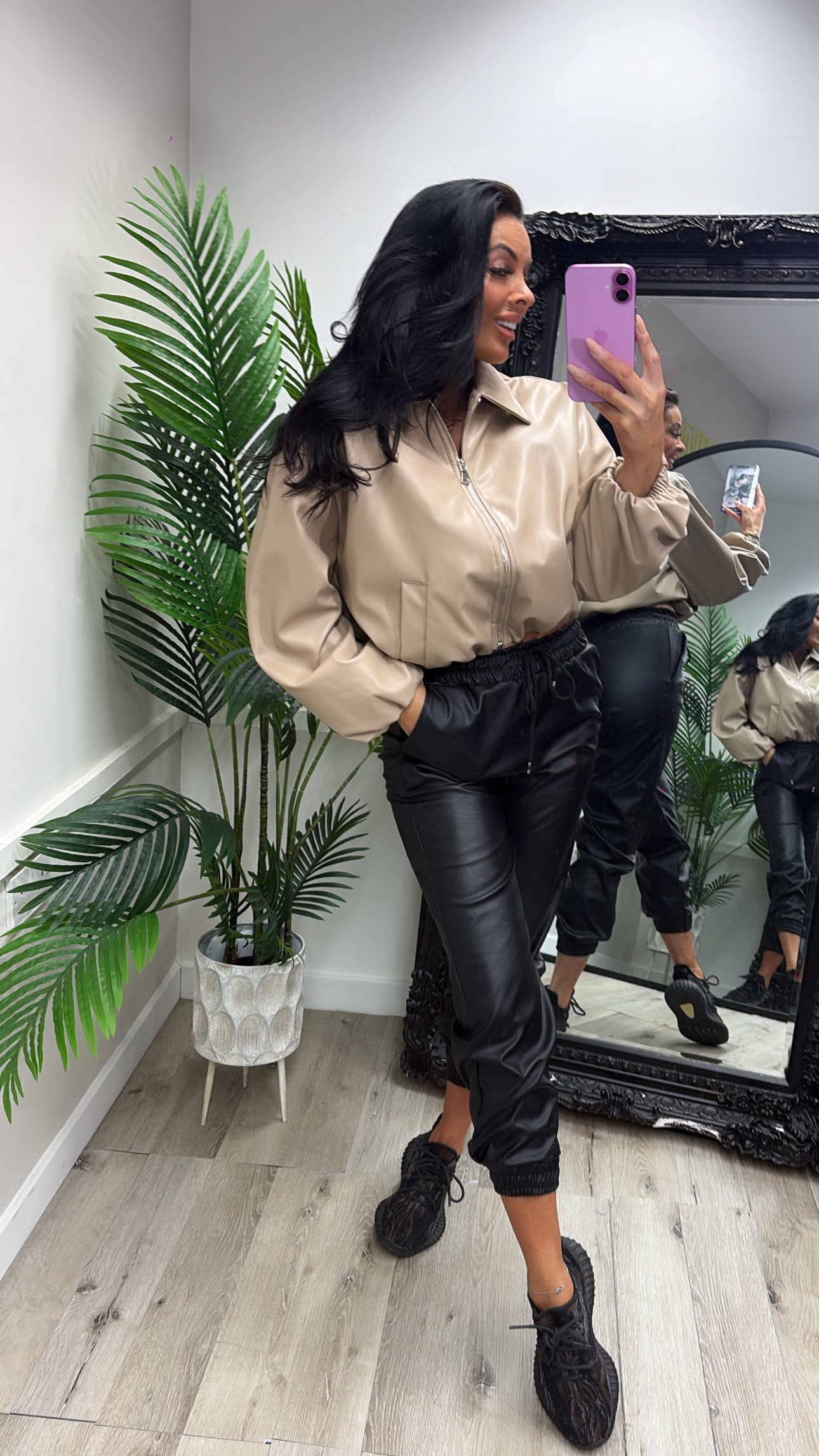 PU Bomber Jacket - Beige