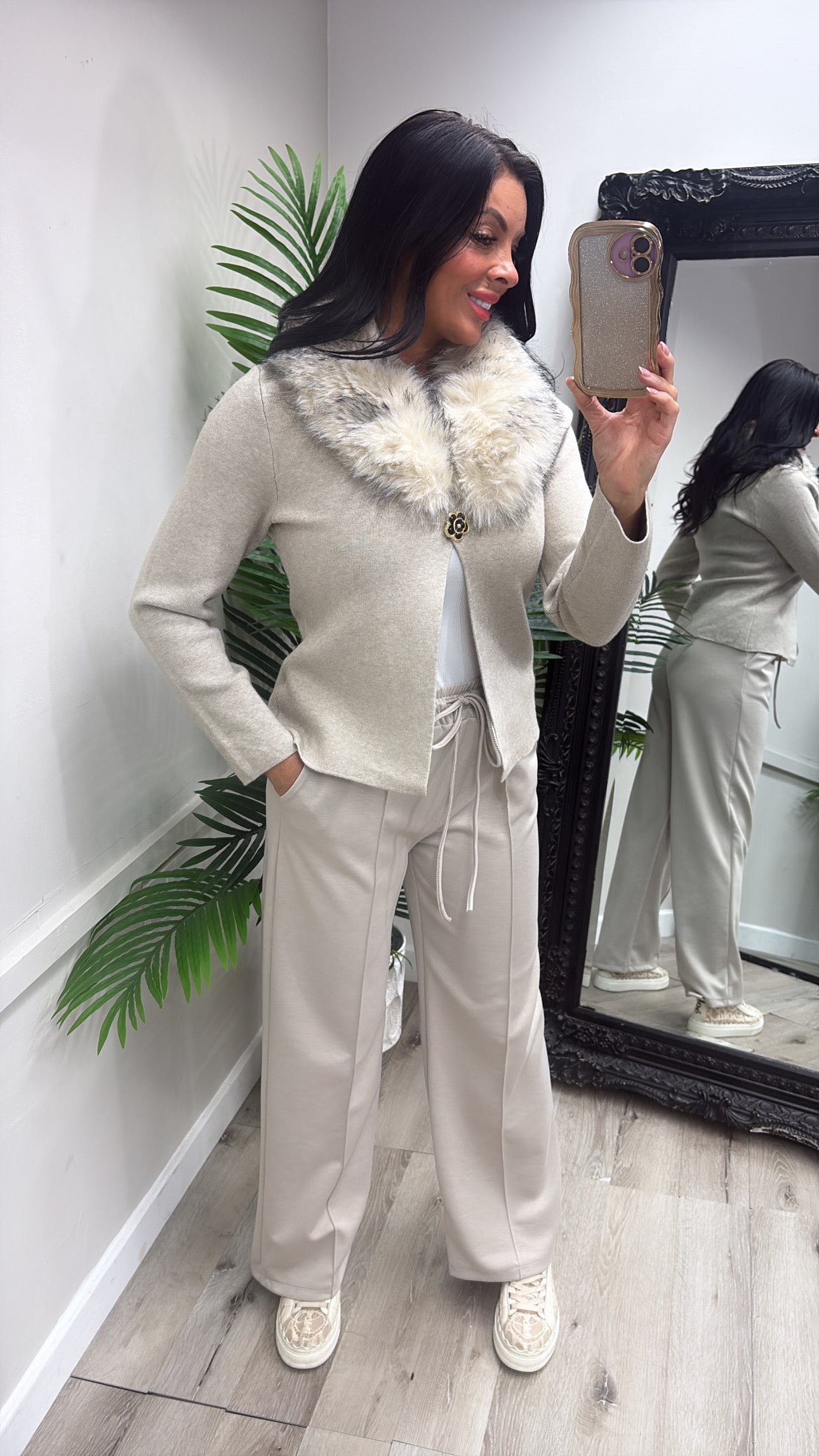 Fiona Faux Fur Cardigan - Beige