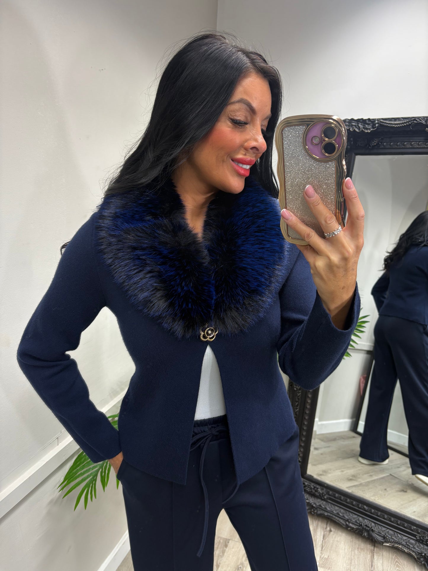 Fiona Faux Fur Cardigan - Navy