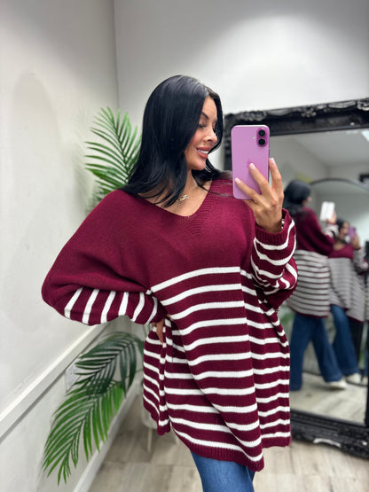 Betsy Oversized Stripe Jumper - Wine