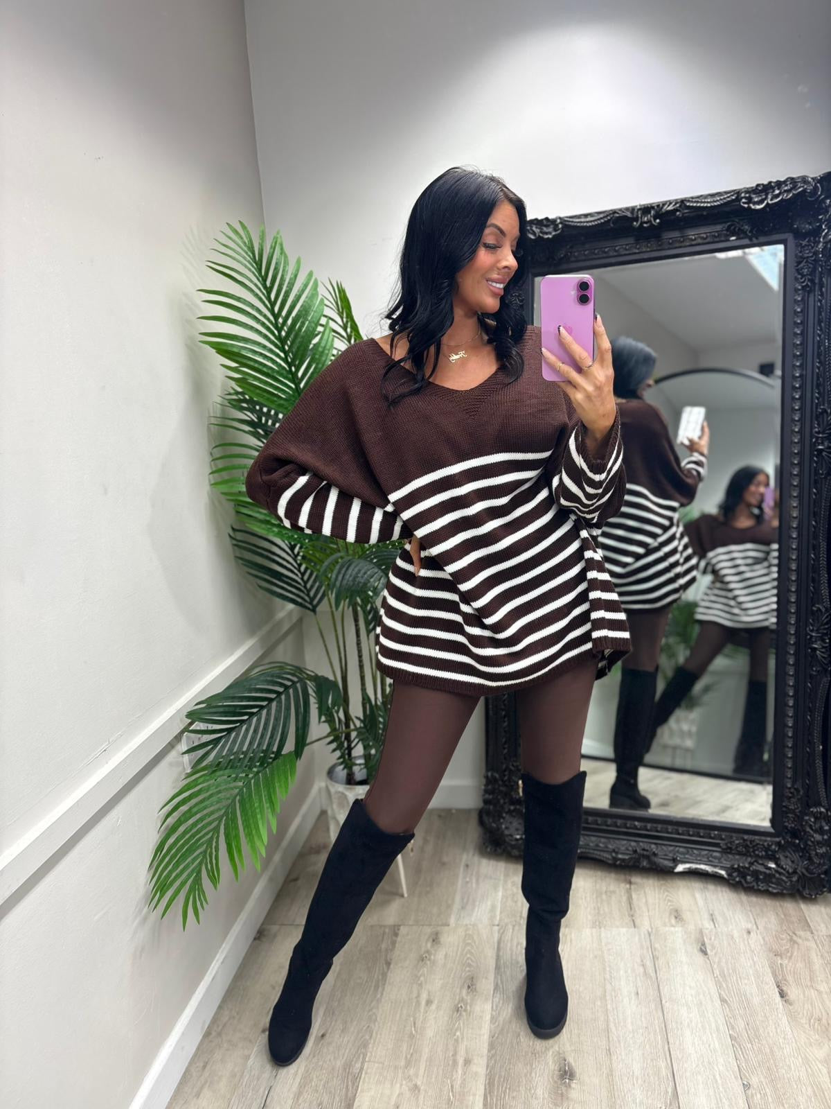 Betsy Oversized Stripe Jumper - Chocolate