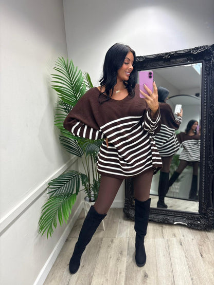 Betsy Oversized Stripe Jumper - Chocolate