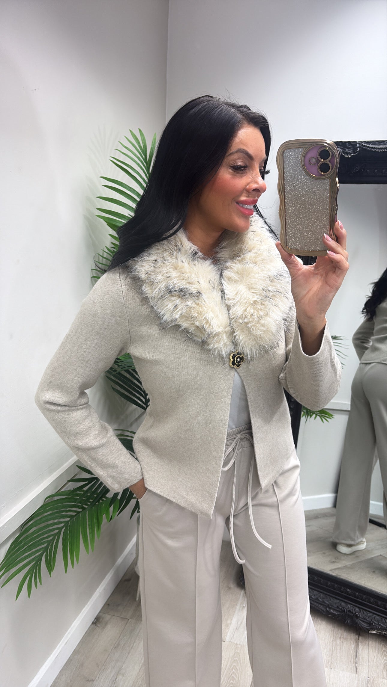 Fiona Faux Fur Cardigan - Beige