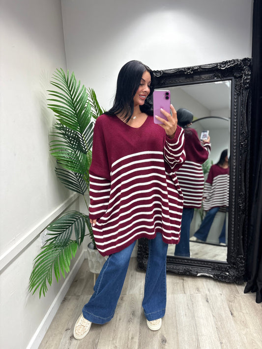 Betsy Oversized Stripe Jumper - Wine