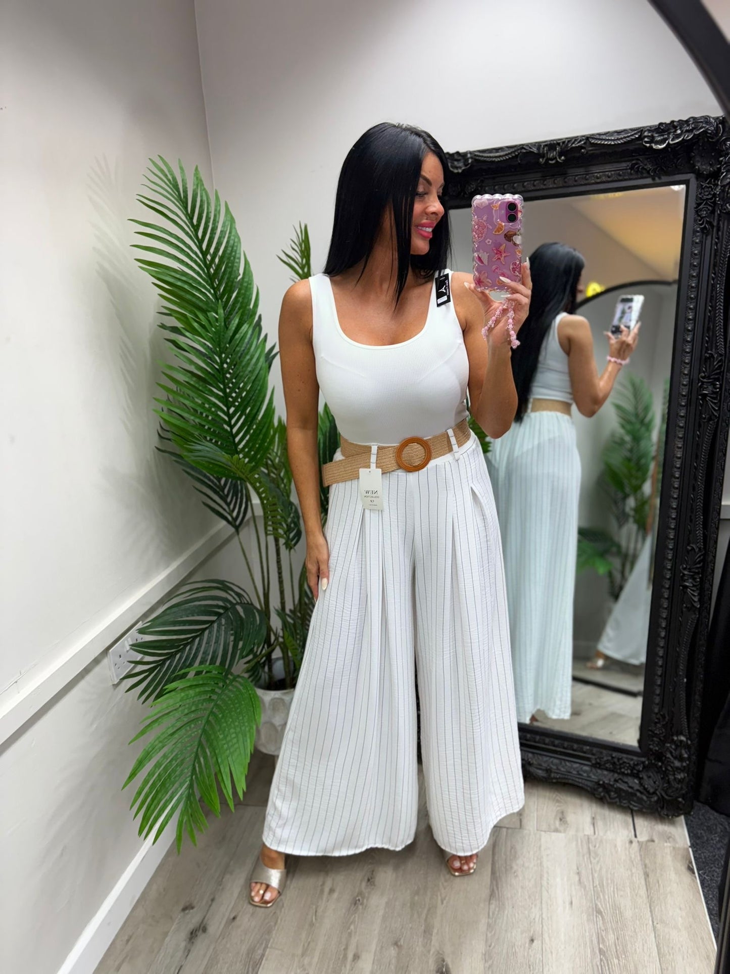 Pinstripe Belted Trousers - White