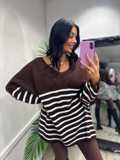 Betsy Oversized Stripe Jumper - Chocolate