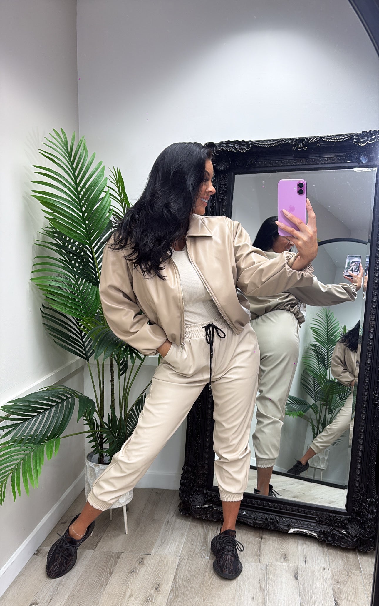 PU Bomber Jacket - Beige