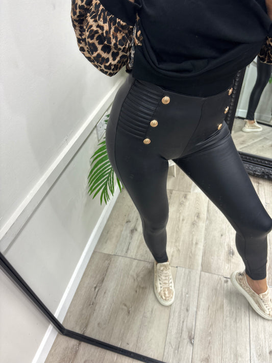Gold Button PU leggings