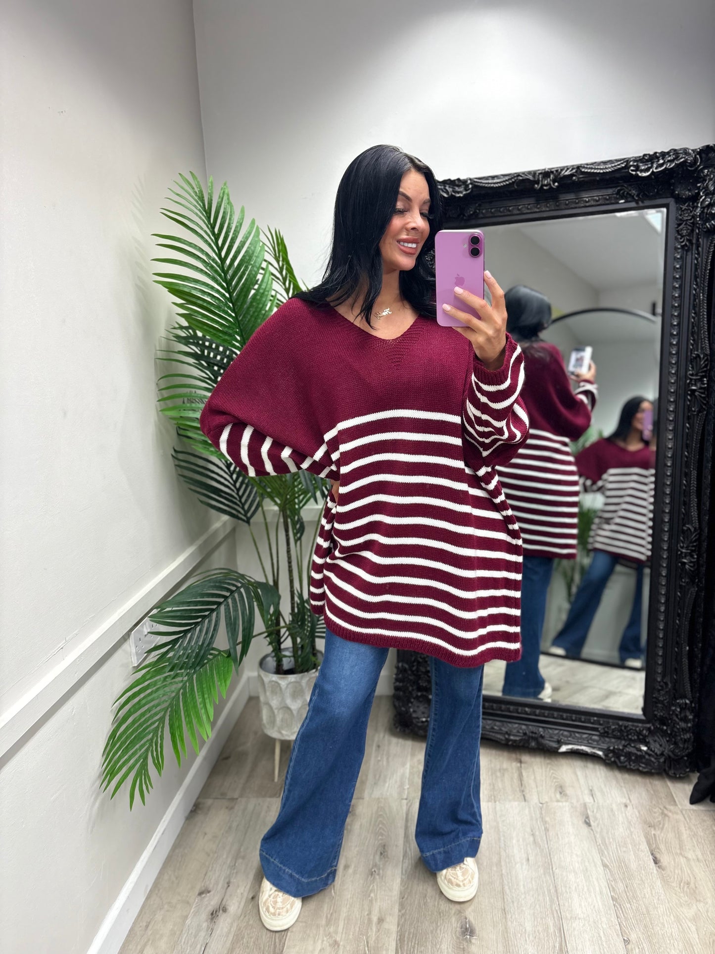 Betsy Oversized Stripe Jumper - Wine