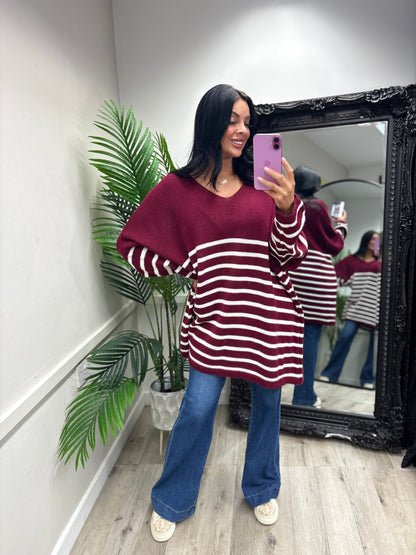 Betsy Oversized Stripe Jumper - Wine