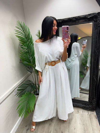 Pinstripe Belted Trousers - White