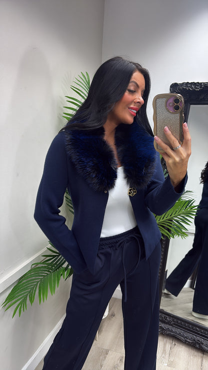 Fiona Faux Fur Cardigan - Navy